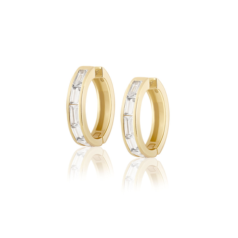 Sterling silver plated in 14 karat yellow gold hoops with white zircon baguettes.